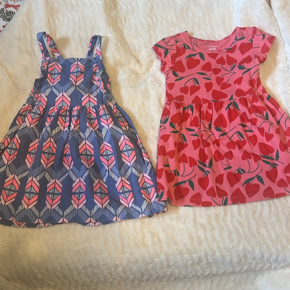 2t EUC 2 pk Carter's Pink Heart Cherry Print + Chambray Pink Sleeveless Dresses